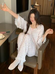 DAZY Women's All-Over Print Long Sleeve Top And Pants Casual Daily Home Sleepwear Set Pajama - Beige - View 8