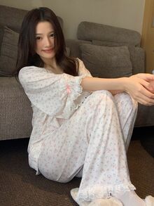 DAZY Women's All-Over Print Long Sleeve Top And Pants Casual Daily Home Sleepwear Set Pajama - Beige - View 7