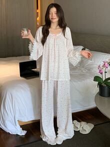 DAZY Women's All-Over Print Long Sleeve Top And Pants Casual Daily Home Sleepwear Set Pajama - Beige - View 4