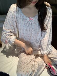 DAZY Women's All-Over Print Long Sleeve Top And Pants Casual Daily Home Sleepwear Set Pajama - Beige - View 5