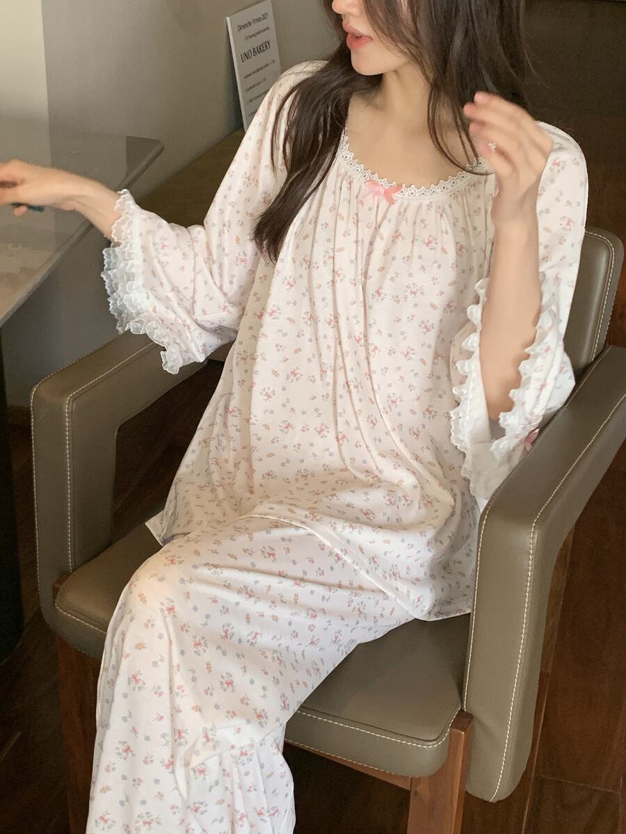 DAZY Women's All-Over Print Long Sleeve Top And Pants Casual Daily Home Sleepwear Set Pajama - Beige - View 1