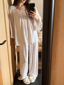 DAZY Women's All-Over Print Long Sleeve Top And Pants Casual Daily Home Sleepwear Set Pajama - Beige - View 3