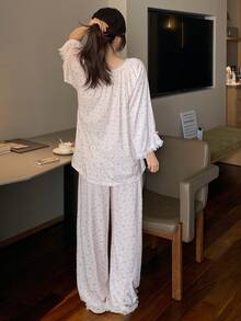 DAZY Women's All-Over Print Long Sleeve Top And Pants Casual Daily Home Sleepwear Set Pajama - Beige - View 2