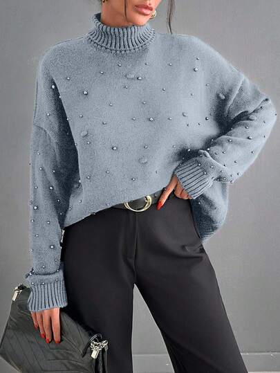 SHEIN Tall Women's Solid Color Faux Pearl High Neck Elegant Casual Long Sleeve Pullover Sweater Tall Dinner Party Office Everyday Dusty Blue Fall Brunch