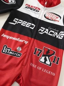 SHEIN 新生兒男嬰秋冬運動休閒拼接藍色字母印花長袖連身衣賽車連身衣藍色嬰兒連身衣 - 彩色 - 查看 6