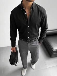 Calmiston Men Cotton Shirts Lightweight Fabric Polo Black Collared Top Daily Commute Office Business Formal Light Sports Beach Wear Fall Casual Smart - Black - View 4