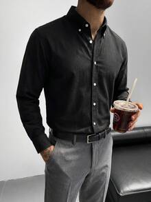 Calmiston Men Cotton Shirts Lightweight Fabric Polo Black Collared Top Daily Commute Office Business Formal Light Sports Beach Wear Fall Casual Smart - Black - View 3
