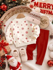 Young Girl Round Neck Kids Colorblock Cartoon Deer Snowflake Polka Dot Print Long Sleeve Autumn Sweatshirt With Solid Color Bow Print Leggings Set - Multicolor - View 4