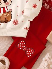 Young Girl Round Neck Kids Colorblock Cartoon Deer Snowflake Polka Dot Print Long Sleeve Autumn Sweatshirt With Solid Color Bow Print Leggings Set - Multicolor - View 6