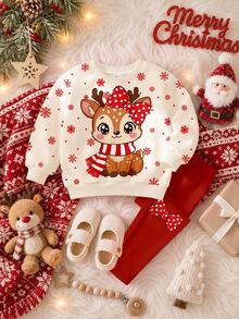 Young Girl Round Neck Kids Colorblock Cartoon Deer Snowflake Polka Dot Print Long Sleeve Autumn Sweatshirt With Solid Color Bow Print Leggings Set - Multicolor - View 2