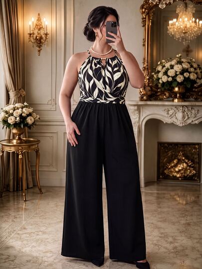 SHEIN LUNE Women's Plus Size Spring/Summer Elegant Wrap Tie Striped Colorblock Loose Straight Leg Jumpsuit Tropical
