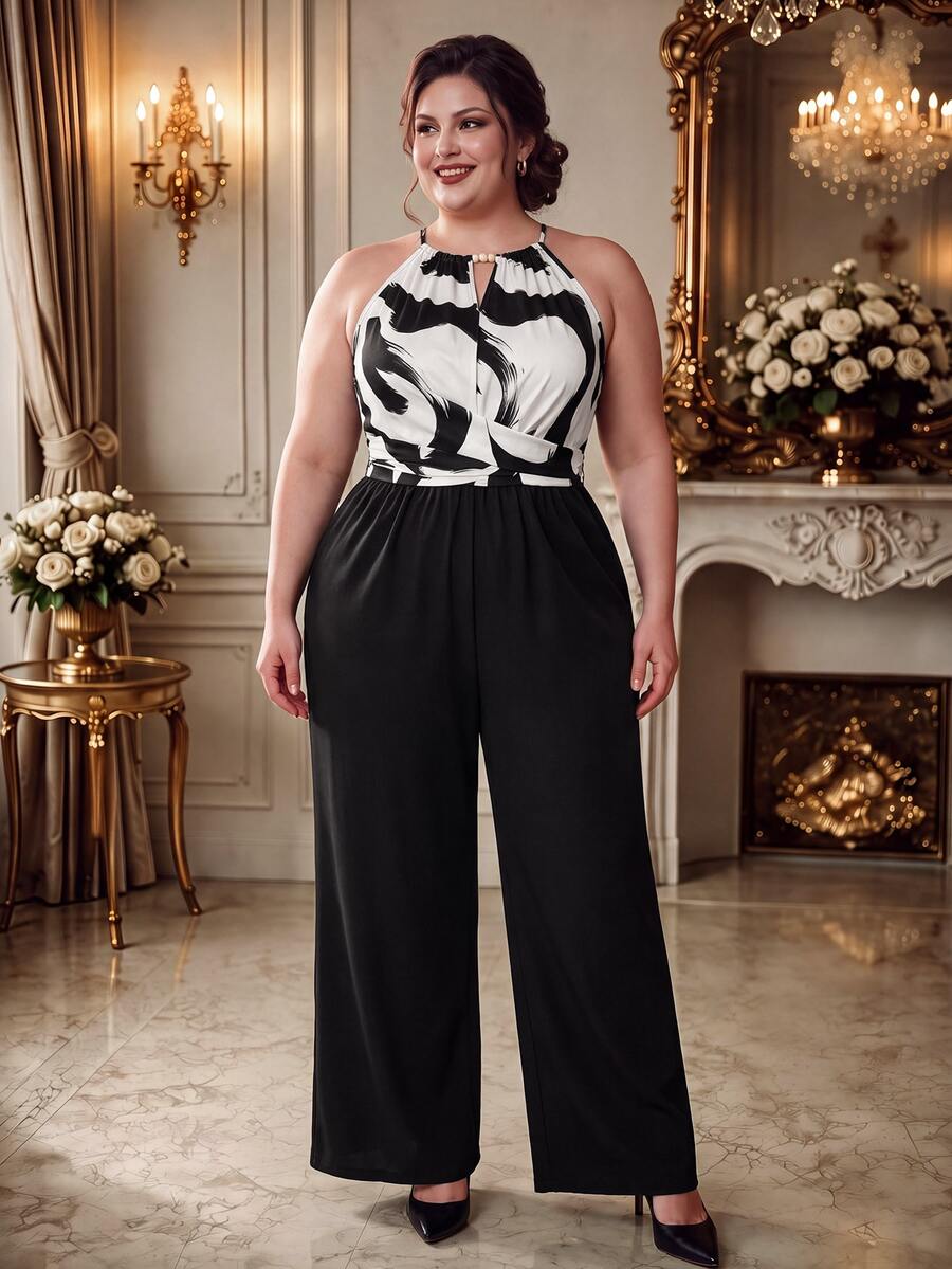 SHEIN LUNE Plus Size Women's Elegant Wrap-Around Tie-Waist Striped Contrast Color Loose Straight Leg Jumpsuit, Spring/Summer - Multicolor - View 1