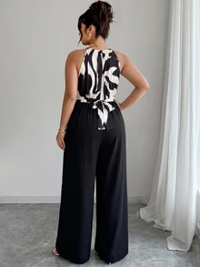 SHEIN LUNE Plus Size Women's Elegant Wrap-Around Tie-Waist Striped Contrast Color Loose Straight Leg Jumpsuit, Spring/Summer - Multicolor - View 2