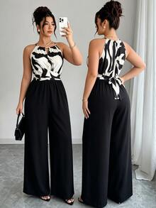 SHEIN LUNE Plus Size Women's Elegant Wrap-Around Tie-Waist Striped Contrast Color Loose Straight Leg Jumpsuit, Spring/Summer - Multicolor - View 3