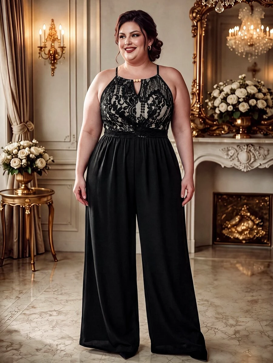 SHEIN LUNE CURVE Plus Size Women's Spring/Summer Colorblock Lace Patchwork Elegant Sexy Fluffy Cocktail Party Formal Jumpsuit Black New Year - Black - View 1