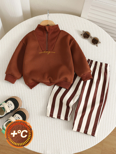 SHEIN Unisex Baby Boy/Girl, Toddler 2pcs Autumn/Winter Fleece Lined Thickened Cute Stand Collar Half-Zip Sweatshirt Set, Striped Long Pants, Baby Winter Outfit, Tracksuit, Streetwear