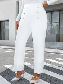 SHEIN Unity Plus Size Double Row Metal Decor Elegant Casual Pants - White - View 6