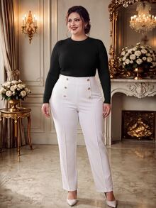 SHEIN Unity Plus Size Double Row Metal Decor Elegant Casual Pants - White - View 1