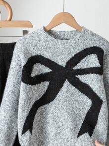 SHEIN Tween Girl Contrast Color Bowknot Round Neck Knit Sweater + Knit Wide Leg Pants Fashion Casual Children's Outfit - Dark Grey - View 4