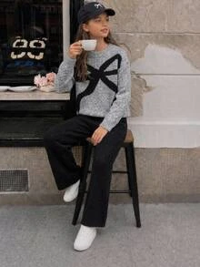 SHEIN Tween Girl Contrast Color Bowknot Round Neck Knit Sweater + Knit Wide Leg Pants Fashion Casual Children's Outfit - Dark Grey - View 1