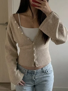 Livesso Women's Solid Color Casual Versatile Daily Wear Cardigan Fall Long Sleeve Tops Everyday School Beige - Khaki - View 4