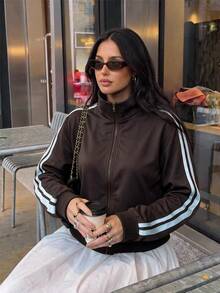 Aloruh Women's Autumn/Winter Brown New Style Stand Collar Zipper Striped Sweatshirt - Brown - View 3