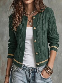 Pariaura Women's Cable Knit Button Front Long Sleeve Cardigan Office Dark Green Fall Casual Elegant - Green - View 3