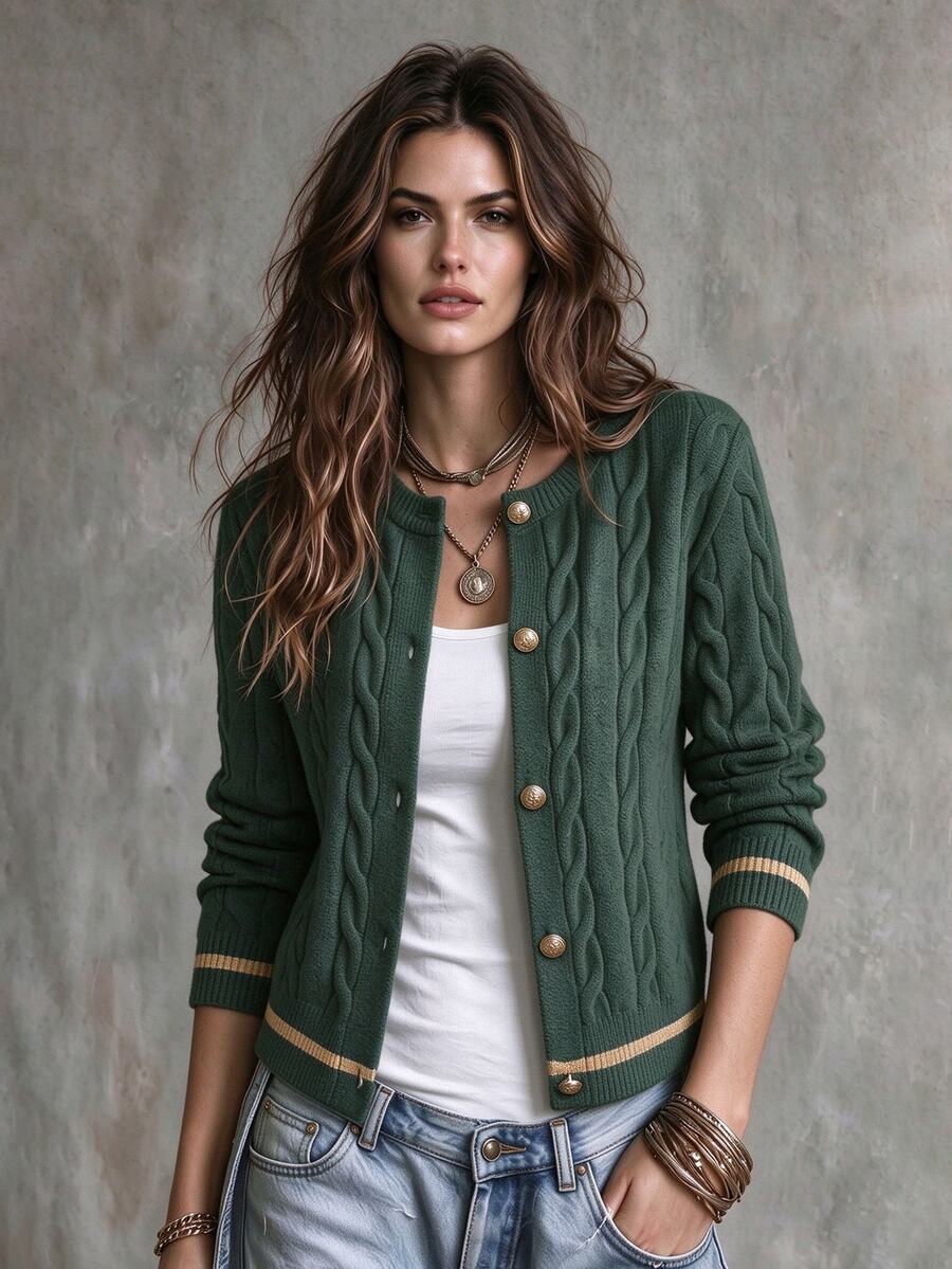 Pariaura Women's Cable Knit Button Front Long Sleeve Cardigan Office Dark Green Fall Casual Elegant - Green - View 1