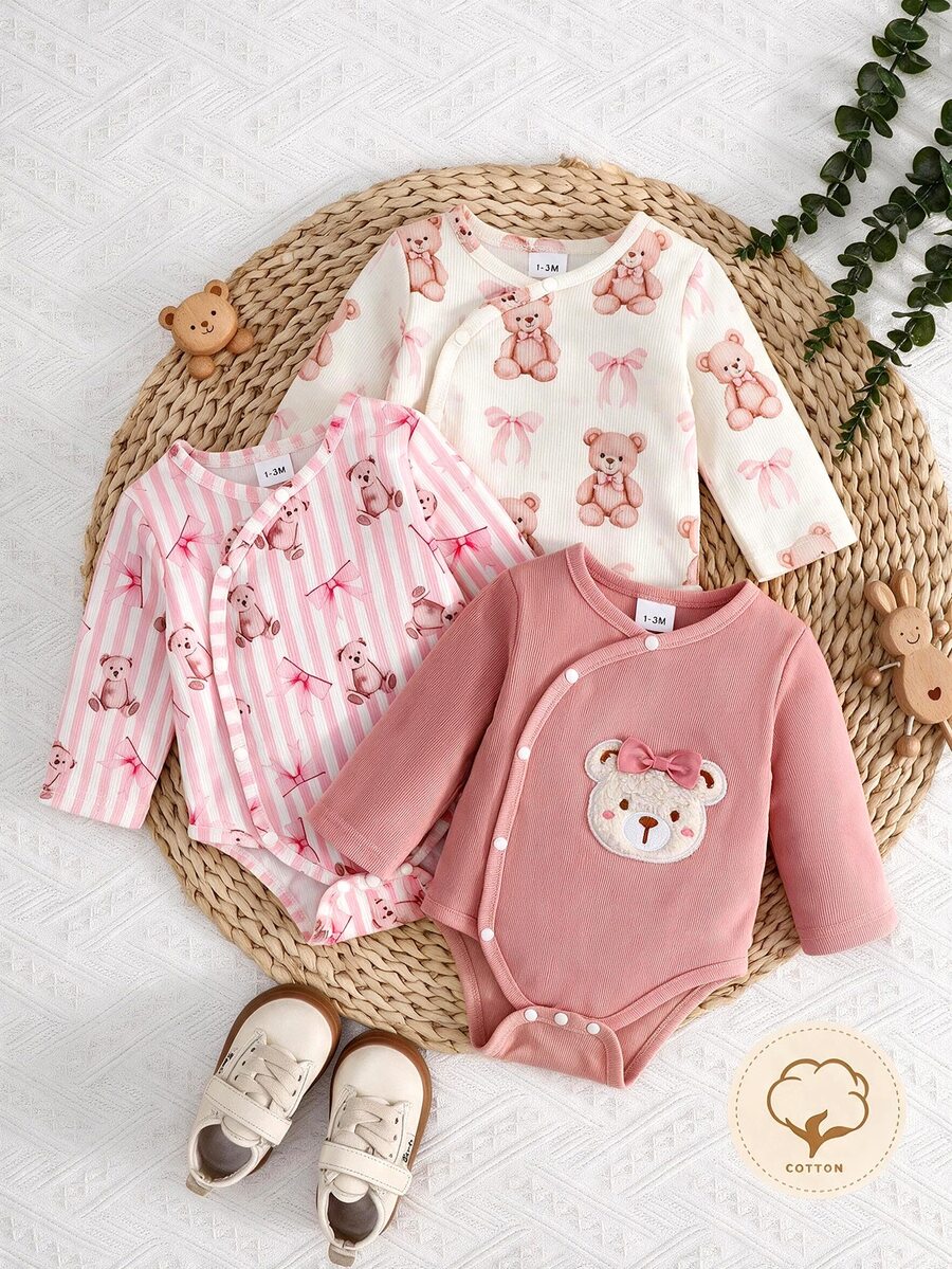 SHEIN Newborn Off-White Blue And White Stripe Pink And Green Animal Print Ribbed V Neck Long Sleeve Fitted Asymmetric Jumpsuit Cute Winter Vacation - Multicolor - View 1