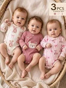 SHEIN Newborn Off-White Blue And White Stripe Pink And Green Animal Print Ribbed V Neck Long Sleeve Fitted Asymmetric Jumpsuit Cute Winter Vacation - Multicolor - View 3
