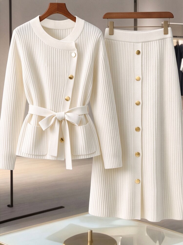 GlowEve CURVE Plus Size French Luxury Style Asymmetric Button Top & Solid Color Mid-Length Skirt Set Winter - White - View 6