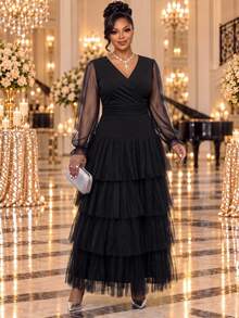 Fleurora Plus Size Autumn Elegant Solid Color Mesh Patchwork Tiered Dress - Black - View 4