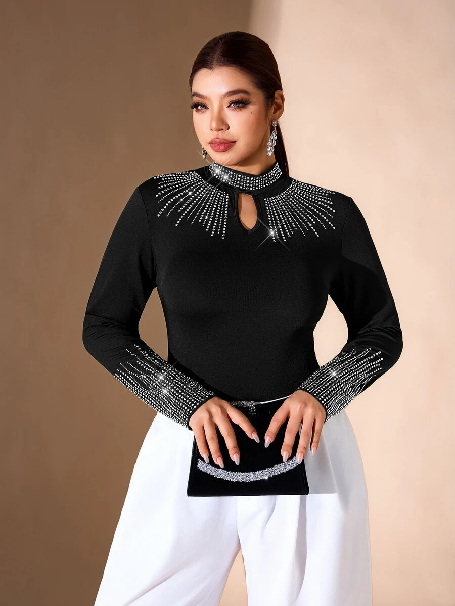 Cravure Plus Size Women Rhinestone Casual Versatile Daily Wear T-Shirt - Black - View 1