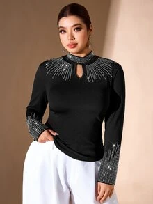 Cravure Plus Size Women Rhinestone Casual Versatile Daily Wear T-Shirt - Black - View 6