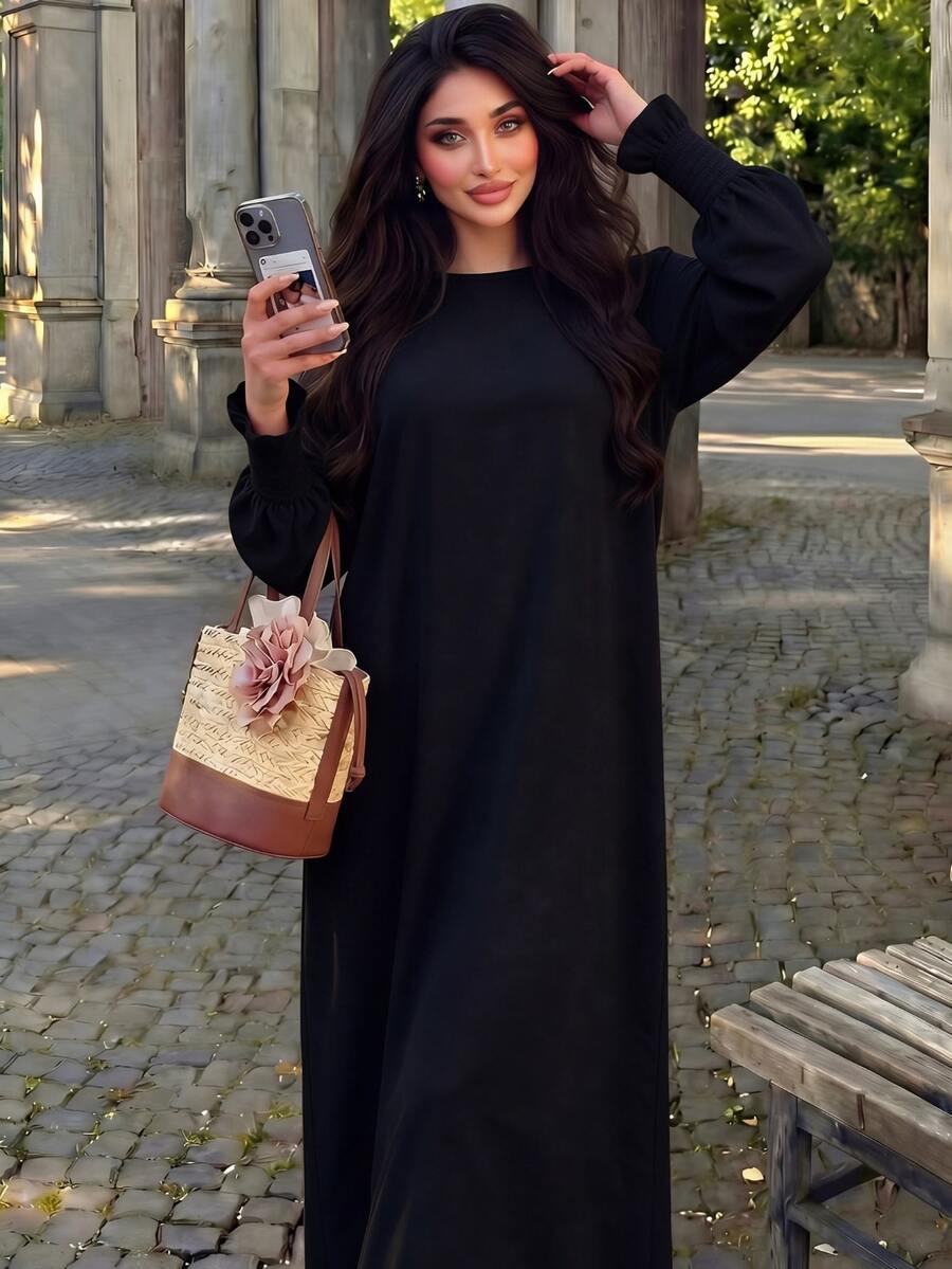 Al Najma Women Solid Color Casual Loose Fit Baggy Modest Elegant Party Home Morning Arabian Dress Black Fall - Black - View 1