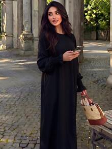 Al Najma Women Solid Color Casual Loose Fit Baggy Modest Elegant Party Home Morning Arabian Dress Black Fall - Black - View 4