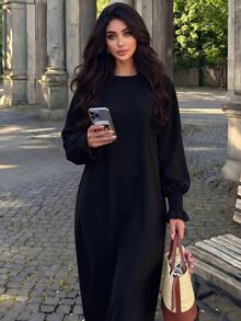Al Najma Women Solid Color Casual Loose Fit Baggy Modest Elegant Party Home Morning Arabian Dress Black Fall - Black - View 2