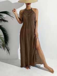 SHEIN Swim غطاء شاطئي للنساء بفتحة عالية على الكتف لفصل الصيف - بني - مشاهدة 6