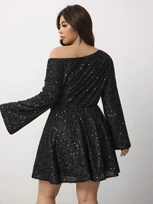 Enliva Plus-Size Sequined One-Shoulder Party Dress, Party Gown Apple,Rounded Body - Black - View 2