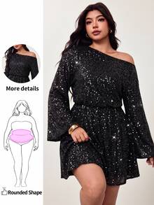 Enliva Plus-Size Sequined One-Shoulder Party Dress, Party Gown Apple,Rounded Body - Black - View 1