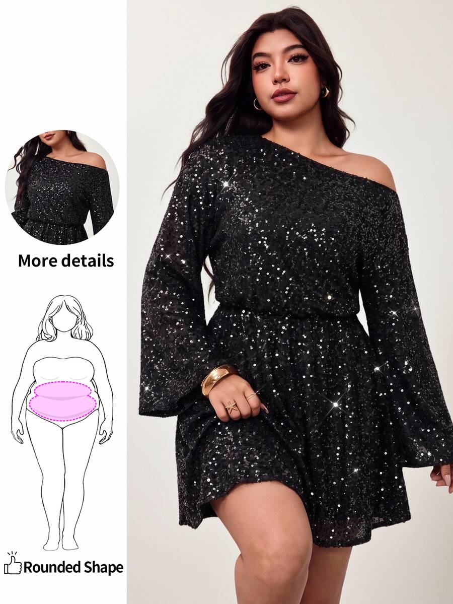 Enliva Plus-Size Sequined One-Shoulder Party Dress, Party Gown Apple,Rounded Body - Black - View 1