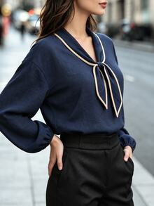 Velvienne Plus Size Minimalist Lace-Up Contrast Color Long Sleeve Shirt - Blue - View 3