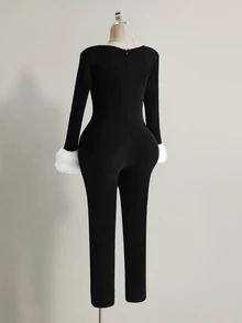 SHEIN ICON Plus Size Y2K Square Neck Black Jumpsuit, White Faux Fur Trim Long Sleeve Snow Jumpsuit - Black and White - View 8