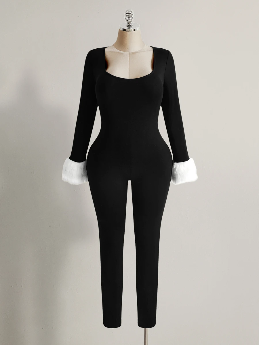 SHEIN ICON Plus Size Y2K Square Neck Black Jumpsuit, White Faux Fur Trim Long Sleeve Snow Jumpsuit - Black and White - View 1