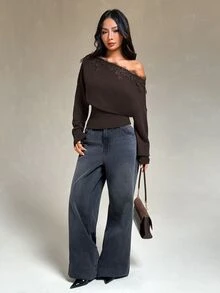 Vivamere Women's Lace Patchwork Off-Shoulder Casual Daily Long Sleeve Sweater - Brown - View 6
