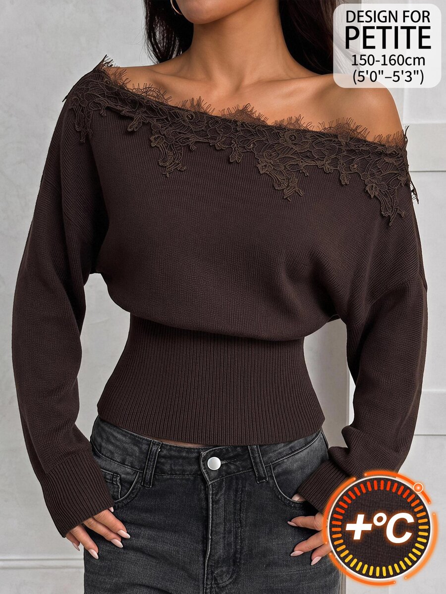 Vivamere Women's Lace Patchwork Off-Shoulder Casual Daily Long Sleeve Sweater - Brown - View 1