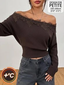 Vivamere Women's Lace Patchwork Off-Shoulder Casual Daily Long Sleeve Sweater - Brown - View 8