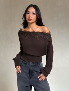 Vivamere Women's Lace Patchwork Off-Shoulder Casual Daily Long Sleeve Sweater - Brown - View 7