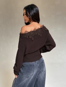 Vivamere Women's Lace Patchwork Off-Shoulder Casual Daily Long Sleeve Sweater - Brown - View 2