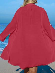 SHEIN Swim Women's White Shirt With Coconut Tree Buttons, Casual Vacation Beach Kimono Cover-Up - Burgundy - View 2